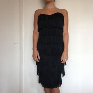 Black strapless fringe dress